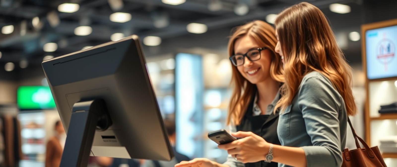 High-resolution image, blurred bokeh. Modern retail space, focus on a positive customer-employee interaction during a personal shopping experience. Sleek POS system and barcode scanner details visible. C