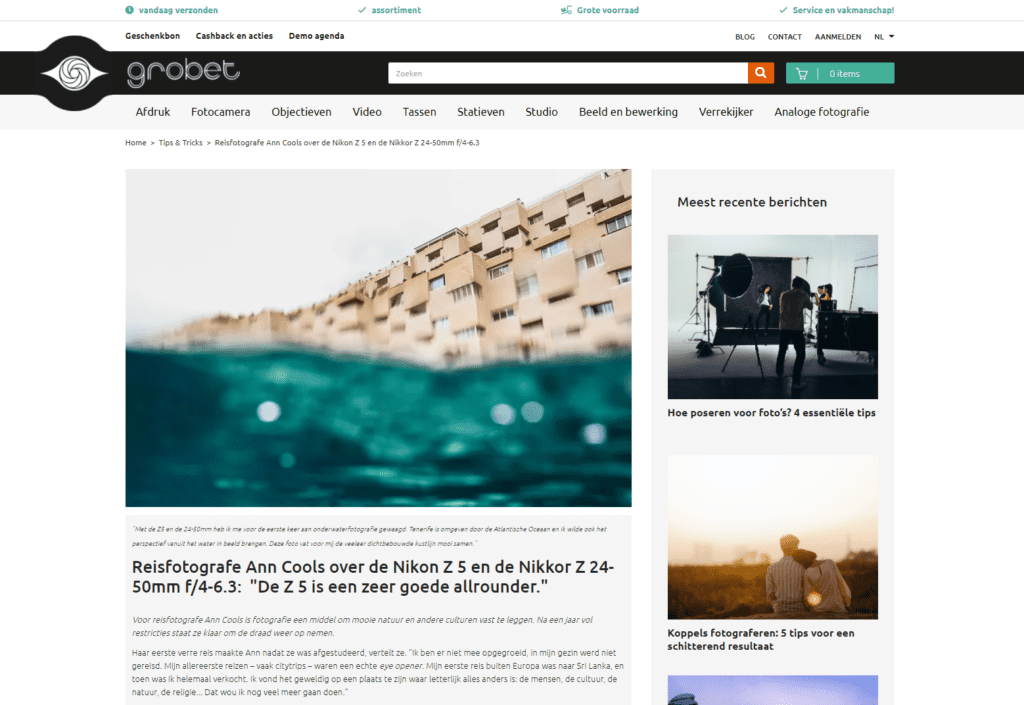 screenshot blog integreren met website en webshop voorbeeld grobet