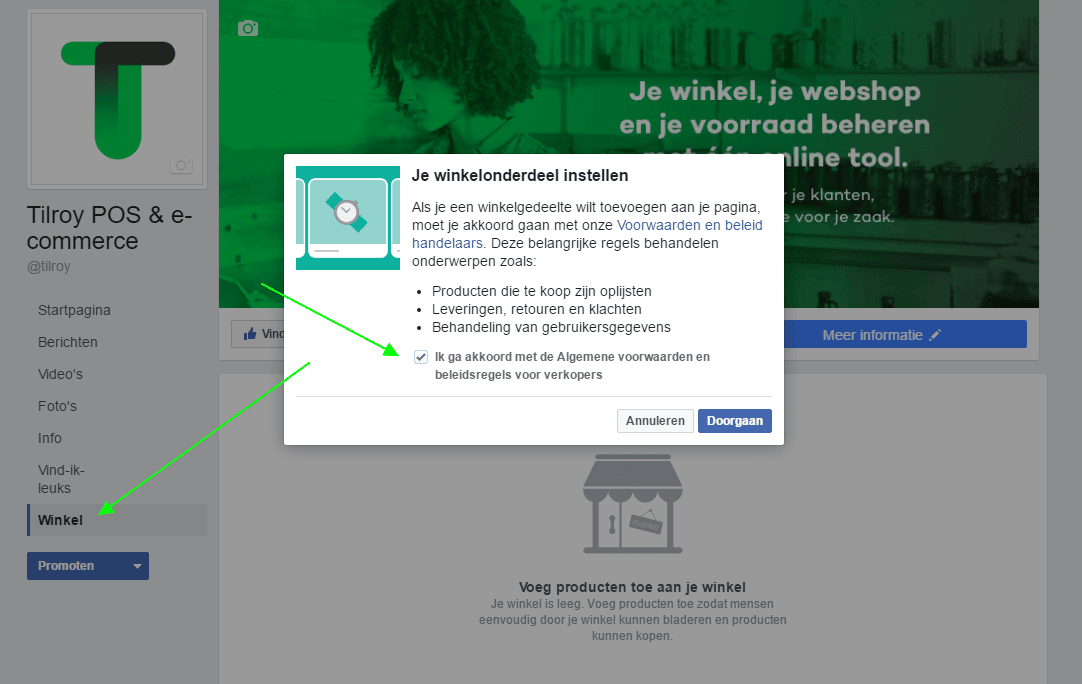 een facebook winkel maken stap 2: ga akkoord met de algemene voorwaarden