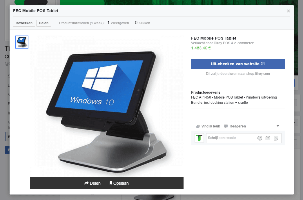 een facebook winkel maken: screenshot detail product popup