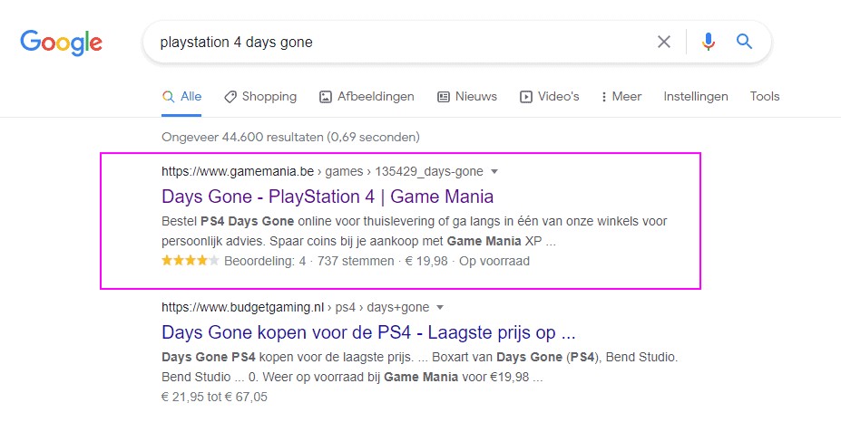 screenshot review snippet google voorbeeld gamemania