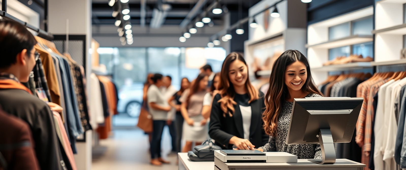 Professional quality, high-resolution photograph of a trendy clothing boutique. Shallow depth of field with bokeh effect. Diverse customers and attentive staff interact during a positive shopping experi