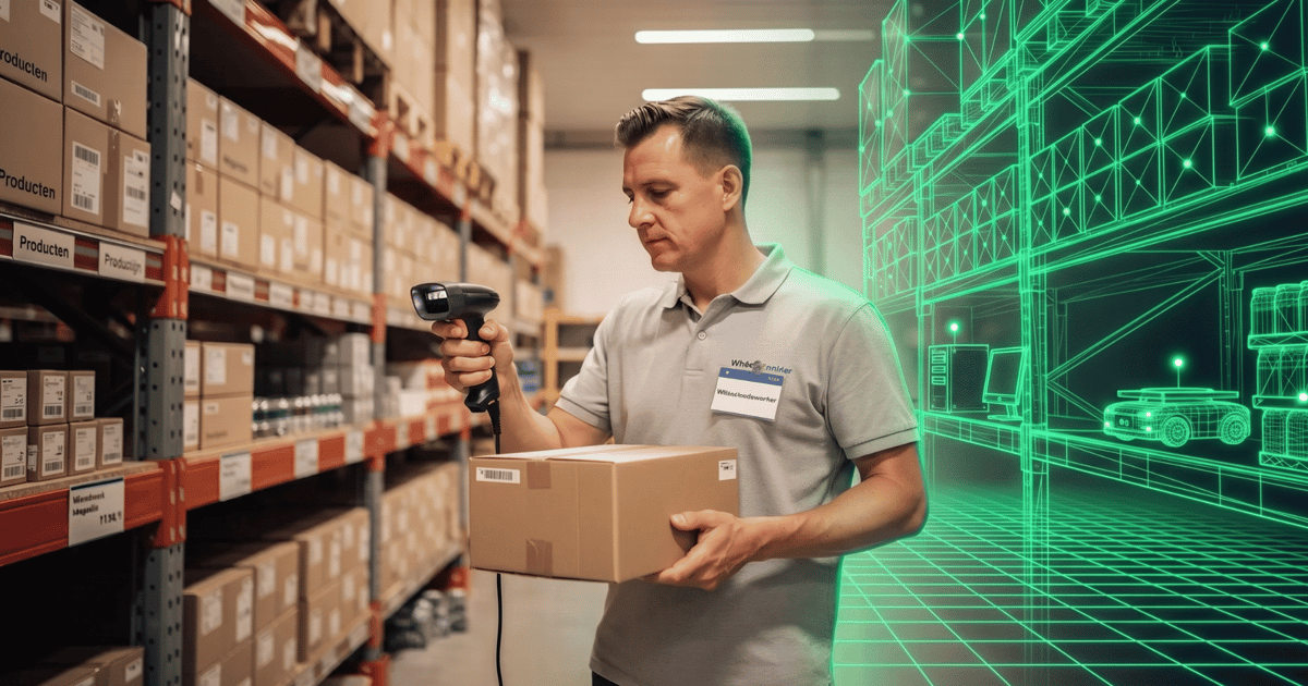 Een winkelmedewerker scant producten in een netjes ingericht magazijn, waar hij de actuele voorraad controleert en een nauwkeurige inventarisatie maakt. Dit is een essentieel onderdeel van goed voorraadbeheer om eventuele afwijkingen en fouten te minimaliseren.