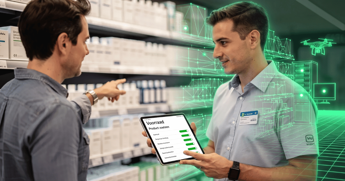Een winkelmedewerker helpt een klant terwijl hij de voorraad op een tablet controleert, wat een nauwkeurige inventarisatie van de beschikbare voorraad mogelijk maakt. Dit zorgt voor een goed voorraadbeheer en helpt bij het identificeren van eventuele afwijkingen in de geregistreerde voorraad.