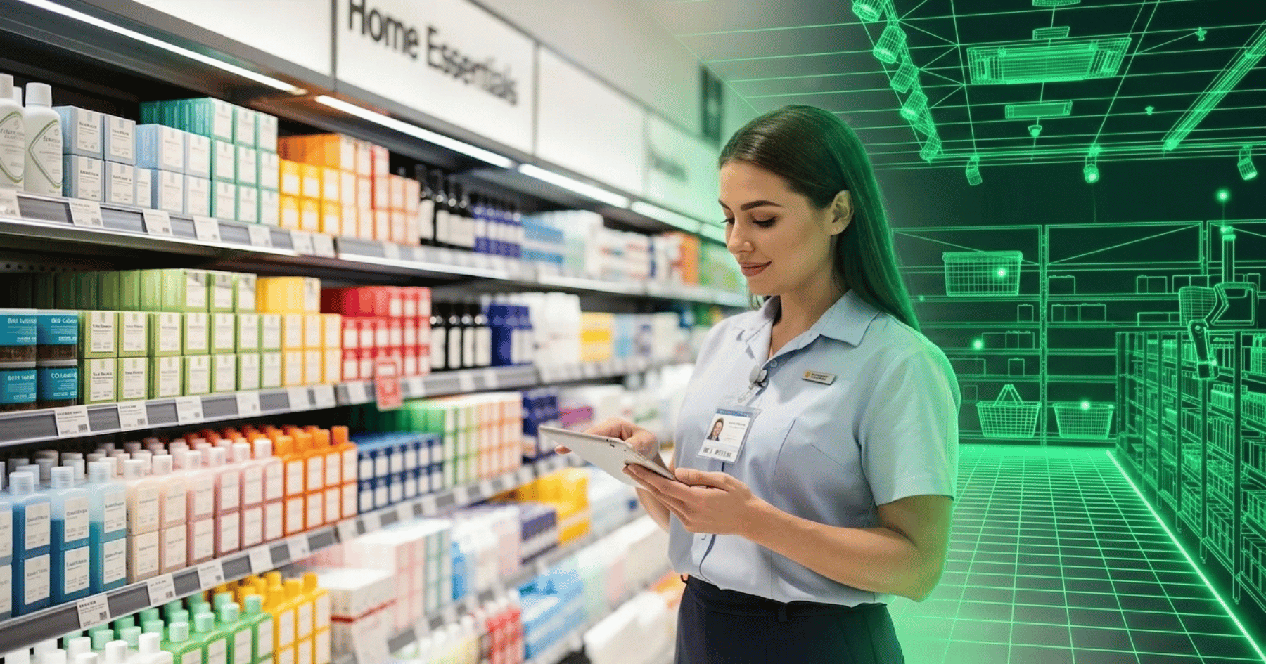 Een retailmedewerker staat naast goed georganiseerde productrekken in een moderne winkel en gebruikt een tablet om voorraad bij te houden.